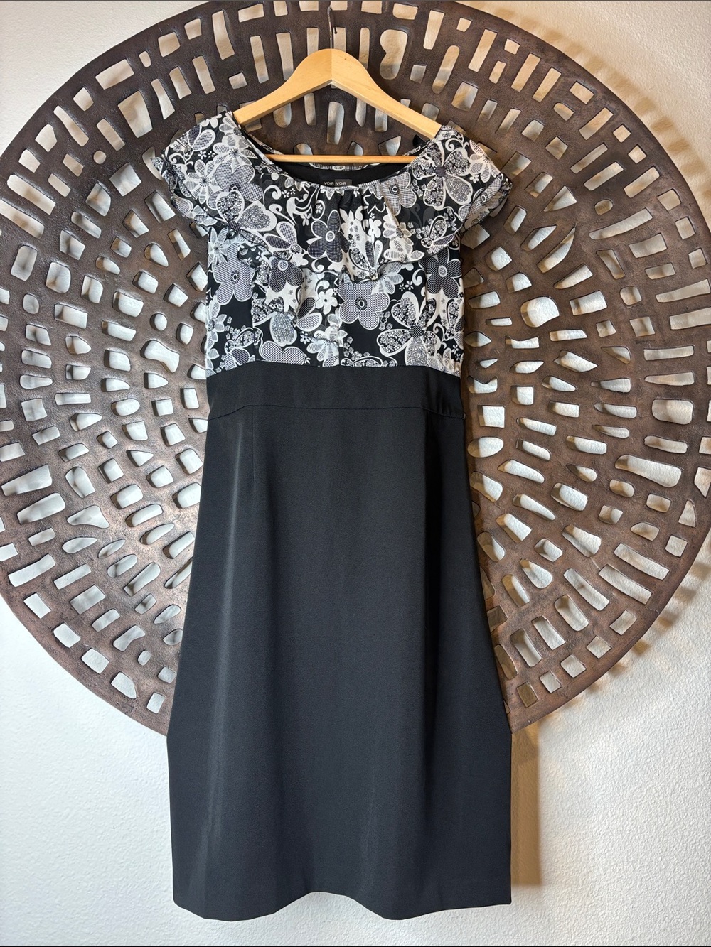 🖤 Wedding Work Sheath Dress Black White Floral Stretch Womens 16 Voir Voir🖤